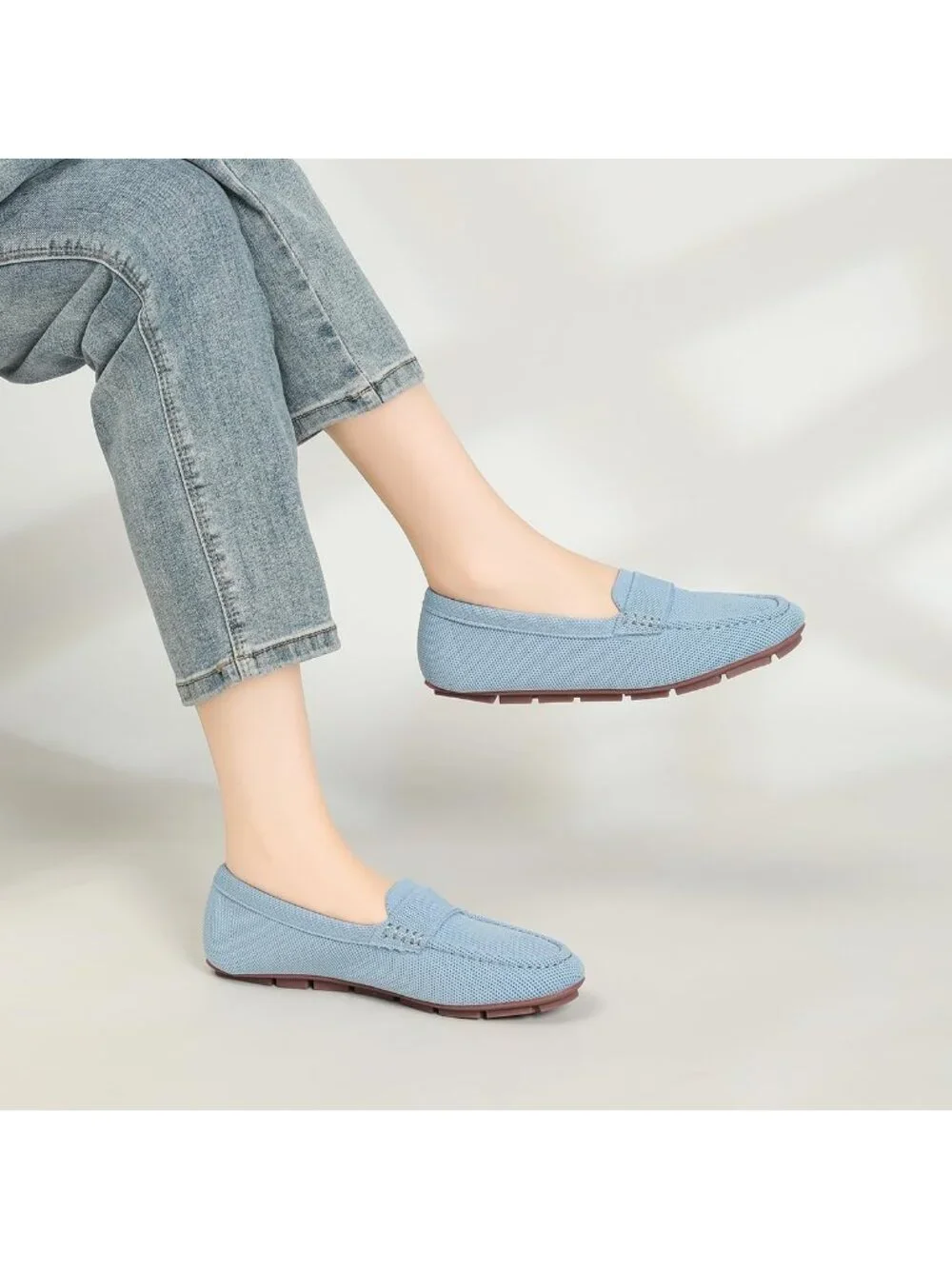 🆕Women's Light Blue Lightweight Knitted Loafers Casual Flat Shoes Comfortable
